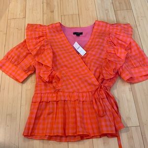 J.Crew Gingham Wrap Top with Ruffles, Pink/Orange